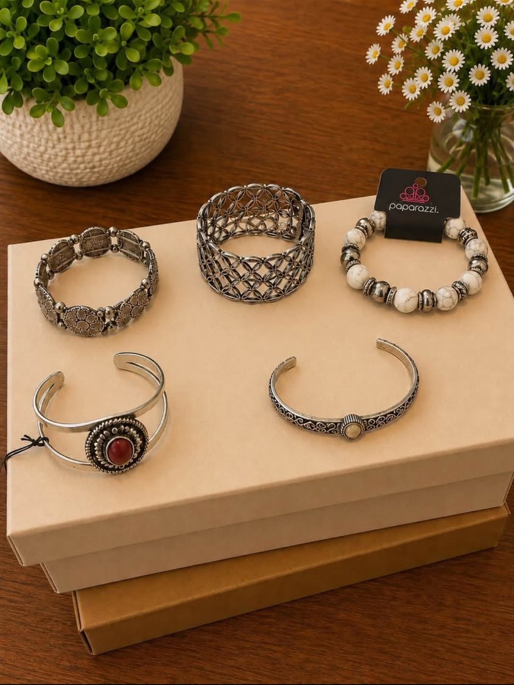 paparazzi Silver and White Bracelet Set with Red Accent